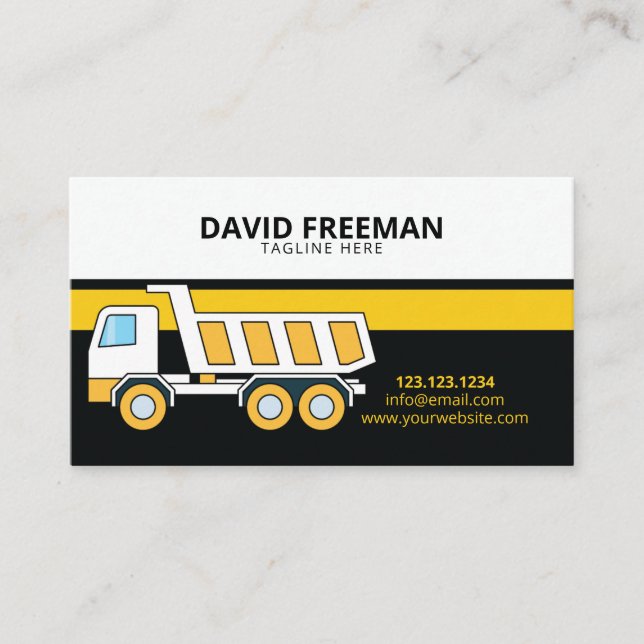 Simple Yellow & White Dump Truck Construction Business Card (Front)