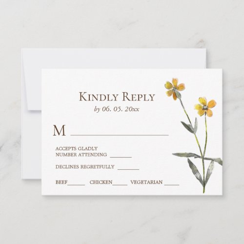 Simple Yellow Wildflowers Botanical Floral Wedding RSVP Card
