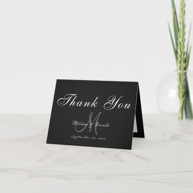 Simple Yet Elegant: Black Linen w/ Monogram +Pics Thank You Card (Front)