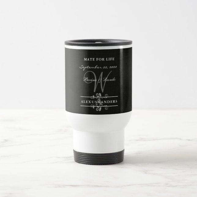 Simple Yet Elegant: Black Linen w/ Monogram  Travel Mug (Center)