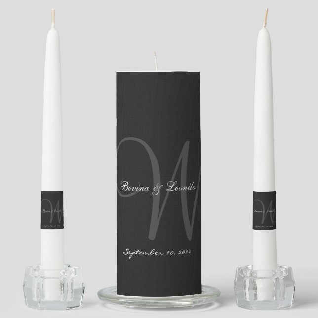 Simple Yet Elegant: Black Linen w/ Monogram Unity Candle Set (Front)