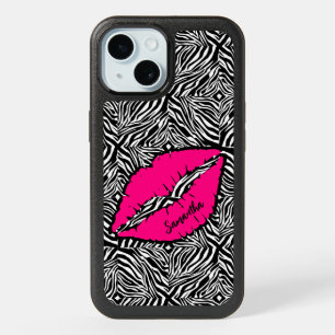 Simple Zebra with Pink Lips Personalized iPhone 15 Case