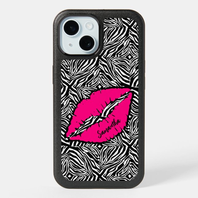 Simple Zebra with Pink Lips Personalized iPhone 15 Case (Back)