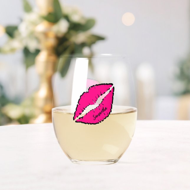 Simple Zebra with Pink Lips Personalized Stemless Wine Glass (Insitu (Wedding))
