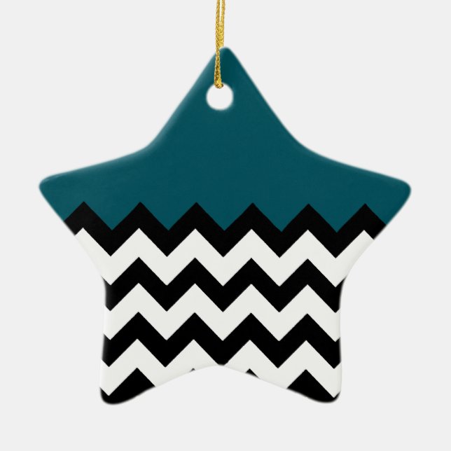 Simple Zigzag Lines And Dark Blue Teal Pattern Ceramic Ornament (Front)