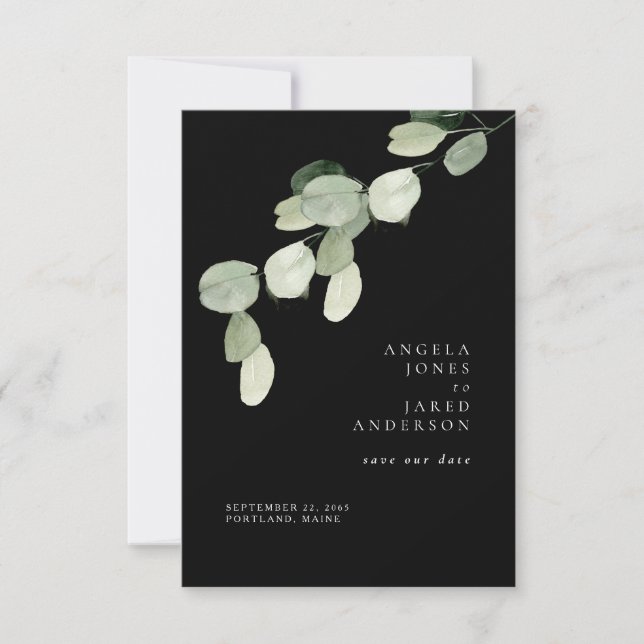 Simplicity & Foliage Black Wedding Save The Date (Front)