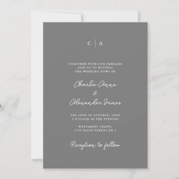 Simplicity | Monogram Minimalist Gray Wedding Invitation by beckynimoy at Zazzle