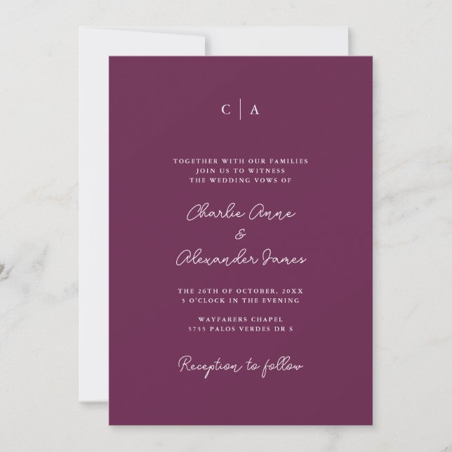 Simplicity | Monogram Minimalist Plum Wedding Invitation (Front)
