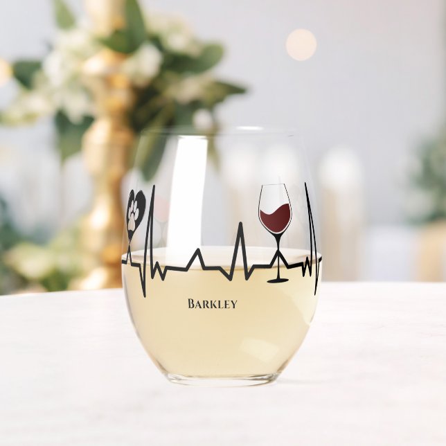 Simplistic Black Paws and Red Wine Heartbeat Stemless Wine Glass (Insitu (Wedding))