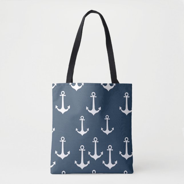 Simplistic Blue and White Anchor Seamless Pattern Tote Bag (Front)