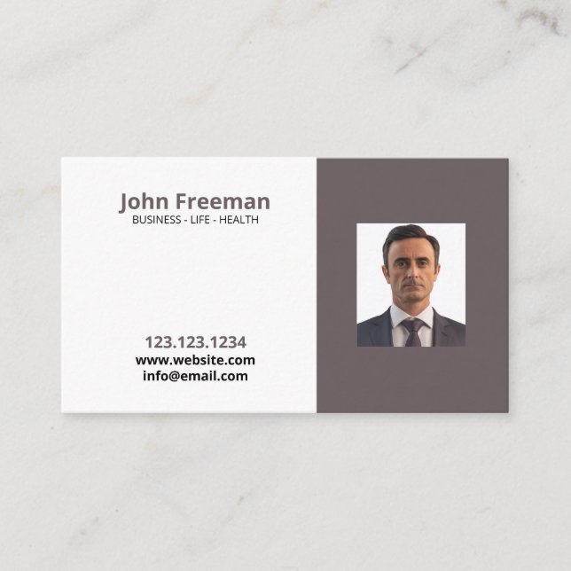 Simplistic Brown and White Photo Insurance Agent Business Card (Front)