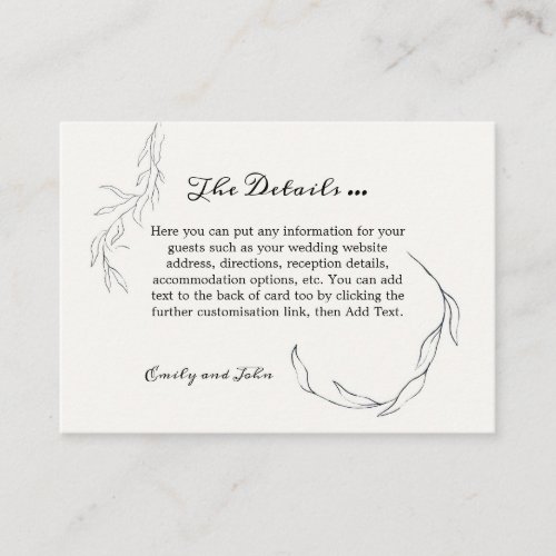 Simplistic Delicate Black Leaves Wedding Details Enclosure Card