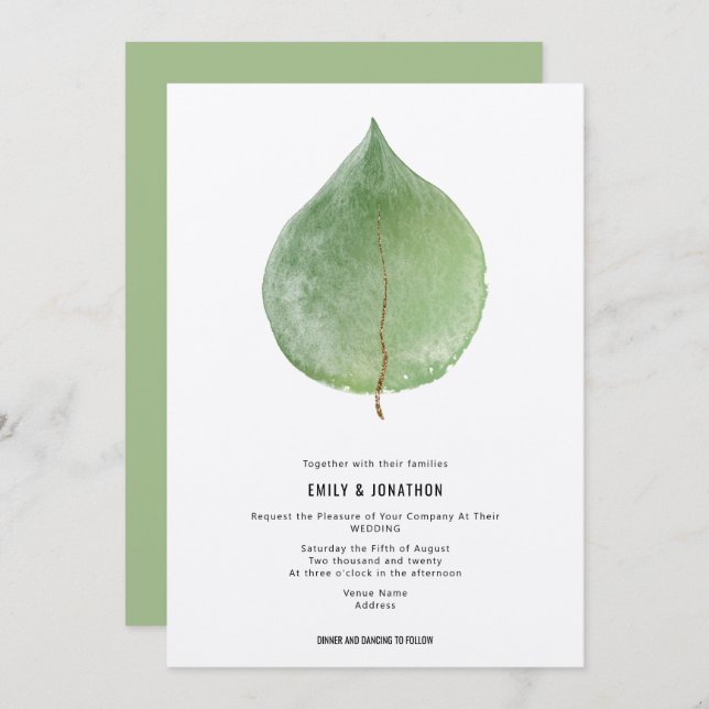 Simplistic Green Eucalyptus Leaf Wedding Invitation (Front/Back)