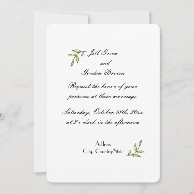 Simplistic Green Leaf Wedding Invitation (Front)