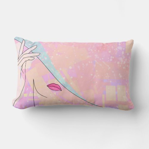 Simplistic Line Art Female Face Hand Abstract Pink Lumbar Pillow