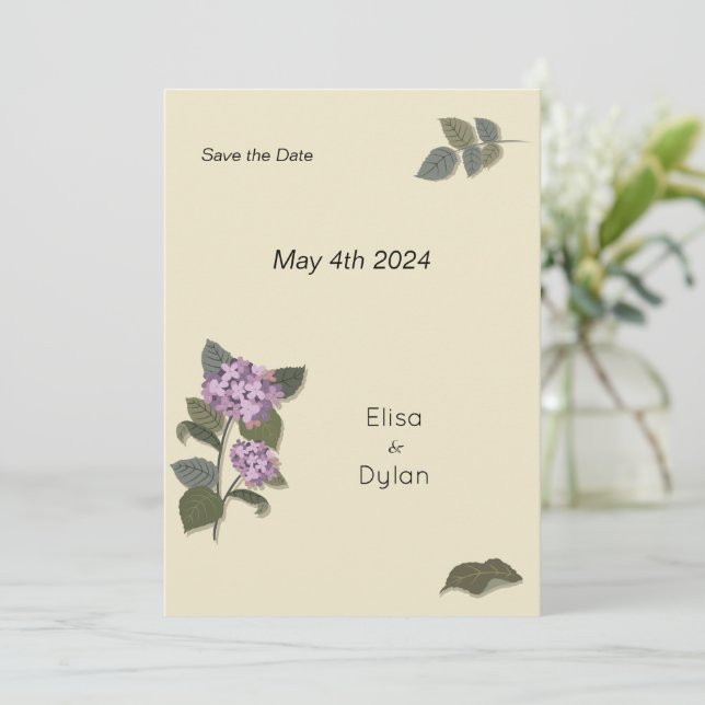Simplistic Purple Flower with Green Leaves Save The Date (Standing Front)