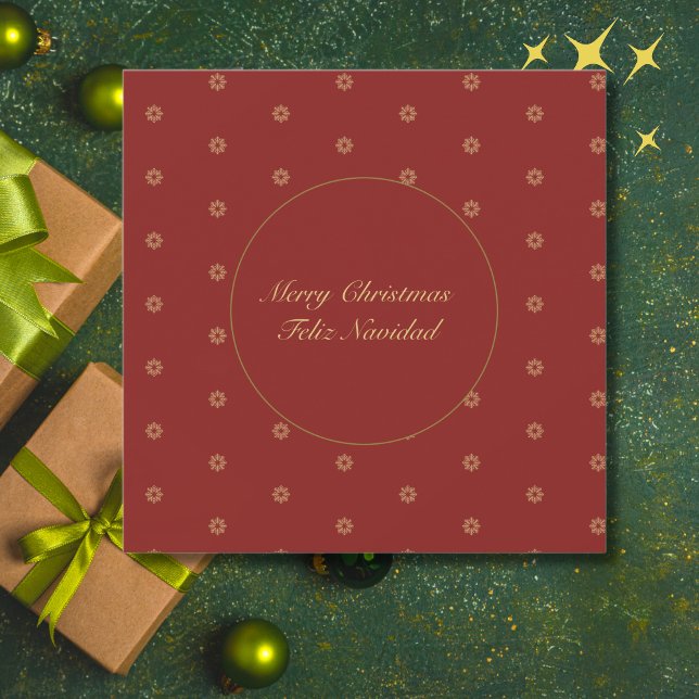 Simplistic Red and Golden Christmas Bilingual Holiday Card (Spanish Christmas card red, custom family name, text & bilingual text.)
