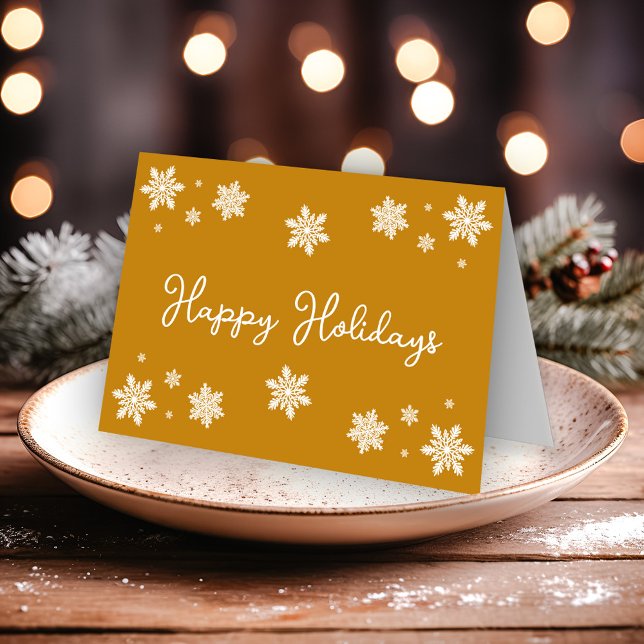 Simplistic Snowflakes Happy Holidays Golden Yellow Card (Creator Uploaded)