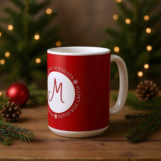 Simplistic Snowflakes Happy Holidays Red Monogram Coffee Mug