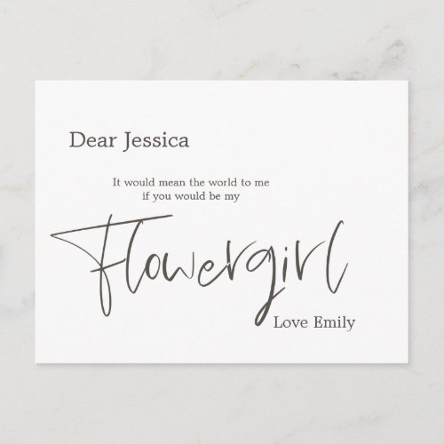 Simplistic Stylish Brown Script Flowergirl Request Postcard