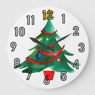 Simplistic Watercolor Christmas Tree Large Clock