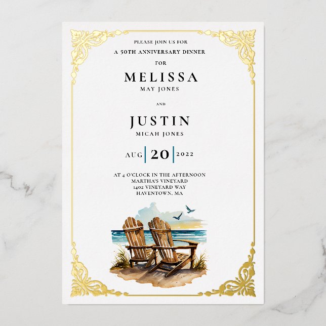 Simplistic wedding anniversary beach chair foil invitation (Front)