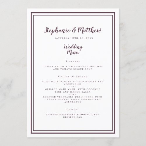 Simplistic Wedding Menu Modern Purple Framed Card 