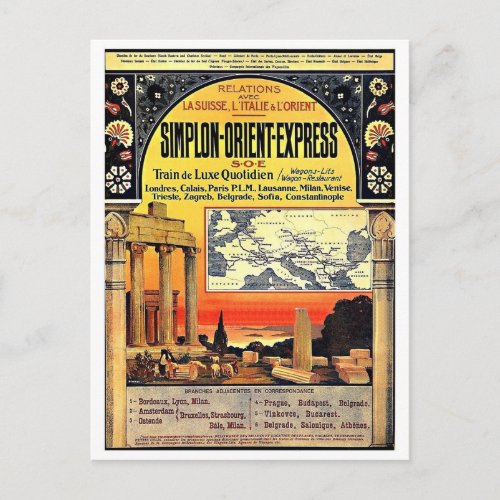Simplon Orient Express railway map Europe Postcard
