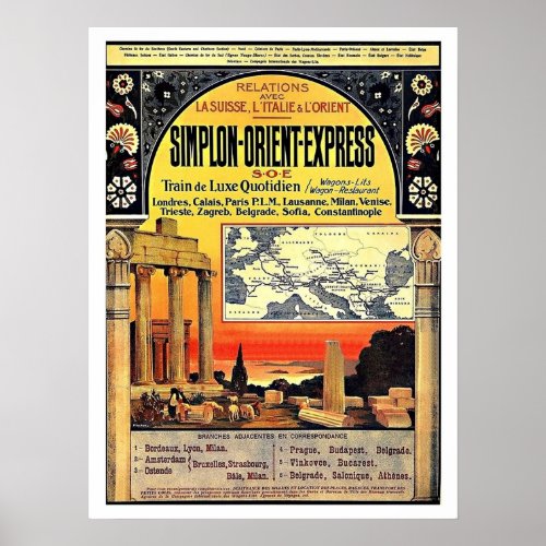 Simplon  orient  express railway train route vinta poster