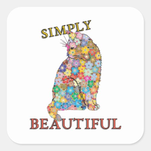 Simply Beautiful Colorful Flowers Cat Love  Square Sticker