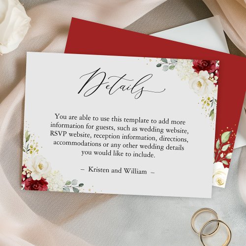 Simply Beautiful Red Ivory Floral Wedding Details Enclosure Card