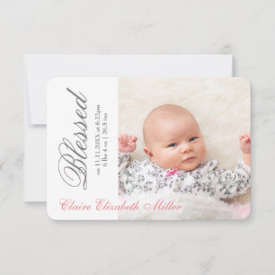 Simply Blessed Pink - 3x5 Birth Announcement