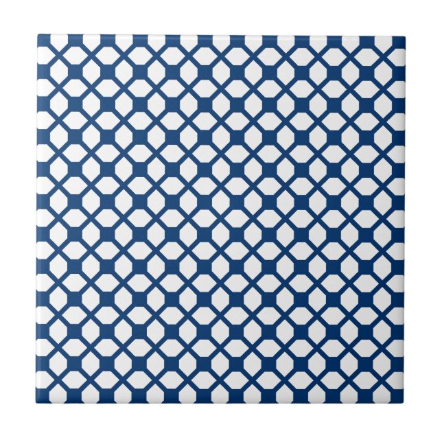 Simply Blue Quatrefoil Pattern - blue and white Ceramic Tile (Front)