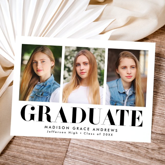 Simply Bold Black 3 Photo Graduation Announcement (Creator Uploaded)