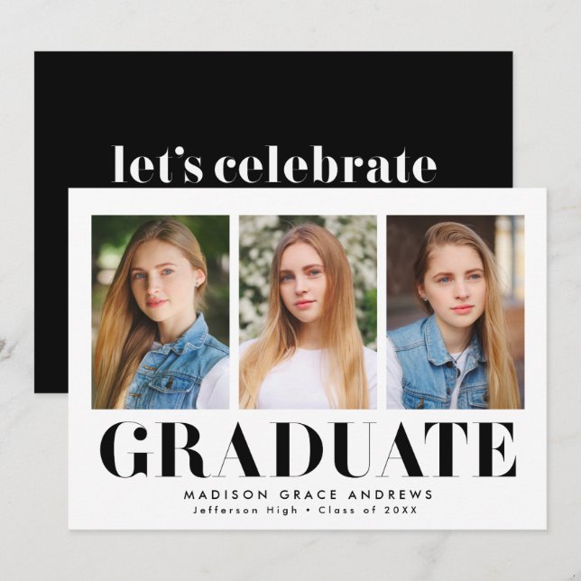 Simply Bold Black 3 Photo Graduation Party Invitation (Front/Back)