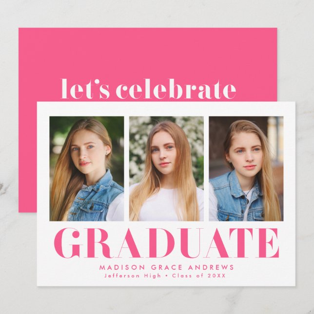 Simply Bold Hot Pink 3 Photo Graduation Party Invitation (Front/Back)