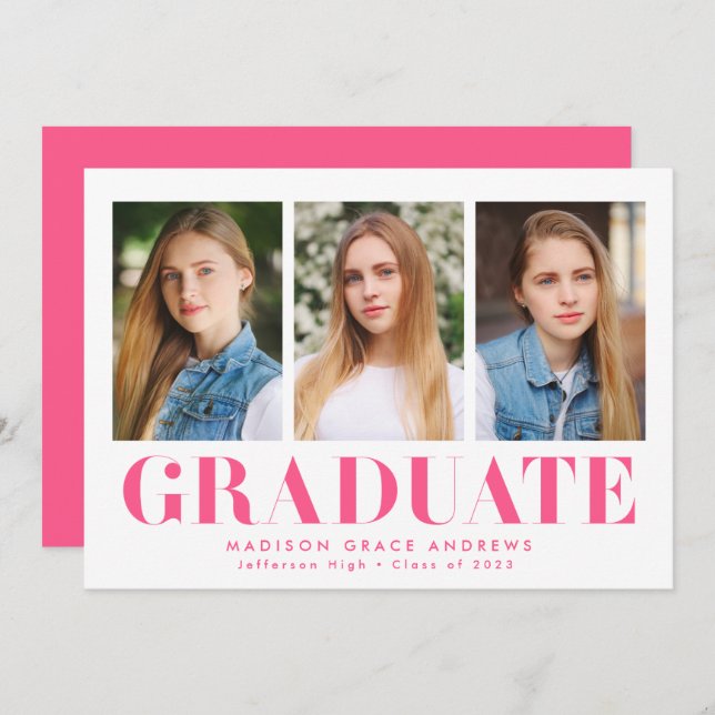 Simply Bold Hot Pink 3 Photo Graduation Party Invitation (Front/Back)