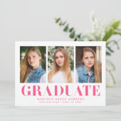 Simply Bold Hot Pink 3 Photo Graduation Party Invitation (Standing Front)