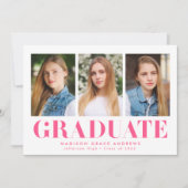 Simply Bold Hot Pink 3 Photo Graduation Party Invitation (Front)