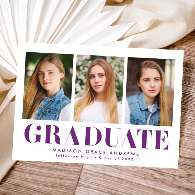 Simply Bold Purple 3 Photo Graduation Announcement (Creator Uploaded)