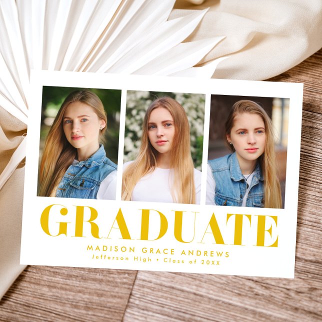 Simply Bold Yellow 3 Photo Graduation Announcement (Creator Uploaded)