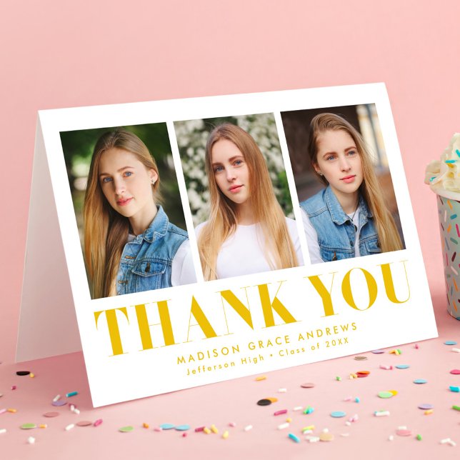 Simply Bold Yellow 3 Photo Graduation Thank You Card (Creator Uploaded)