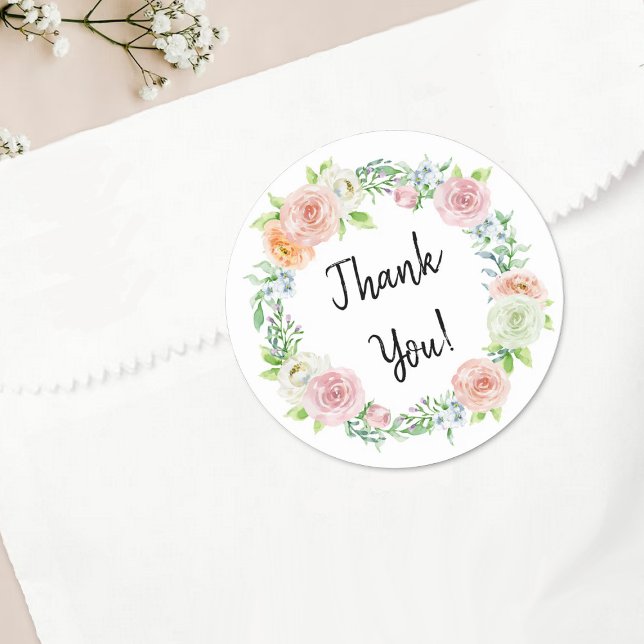 Simply Chic Floral Wreath Thank You Favor Classic Round Sticker (Creator Uploaded)