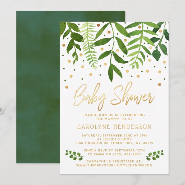 Simply Chic Greenery & Gold Baby Shower Invitation (Front/Back)