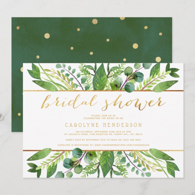 Simply Chic Greenery & Gold Bridal Shower Invitation (Front/Back)