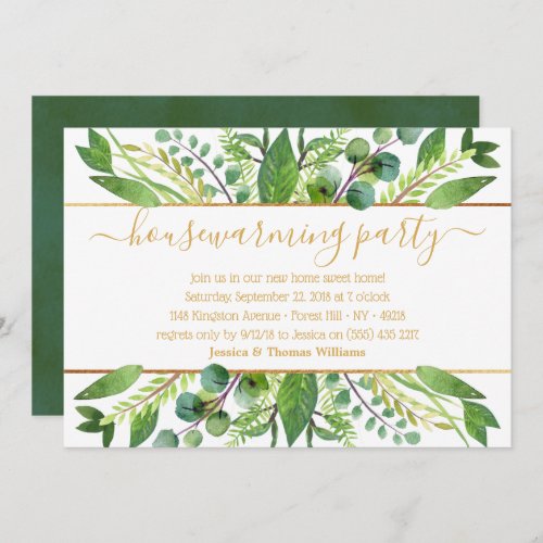 Simply Chic Greenery  Gold Housewarming Party Invitation
