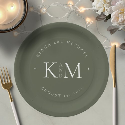 Simply Chic Wedding Initials Moss Green ID1046 Paper Plates