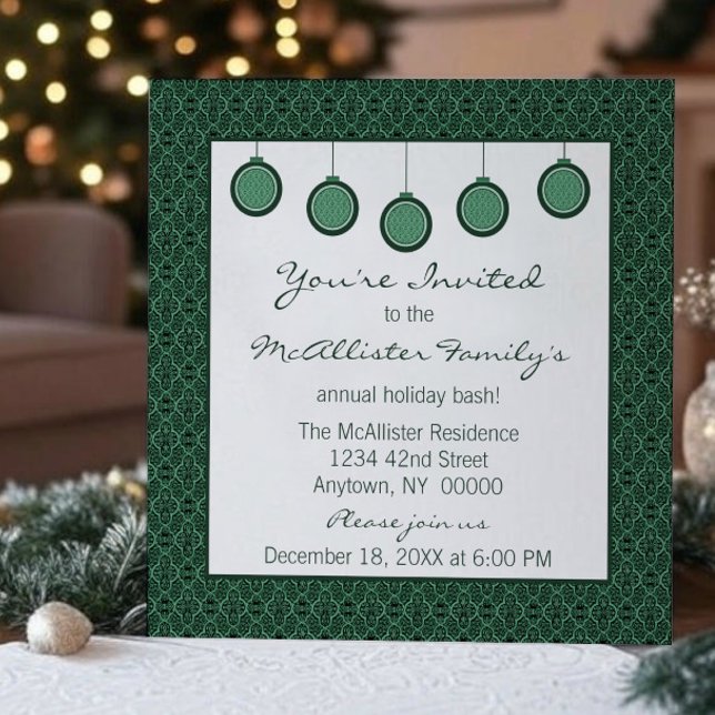 Simply Classic Damask Ornaments Christmas Green Invitation (Green Simply Classic Damask Ornaments Christmas Party Invitation)