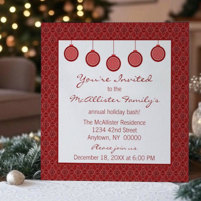 Simply Classic Damask Ornaments Christmas Red Invitation (Red Simply Classic Damask Ornaments Christmas Party Invitation)