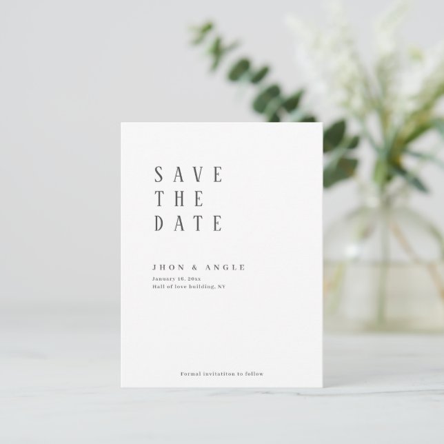 Simply clean minimal Modern Save The Date Postcard (Standing Front)